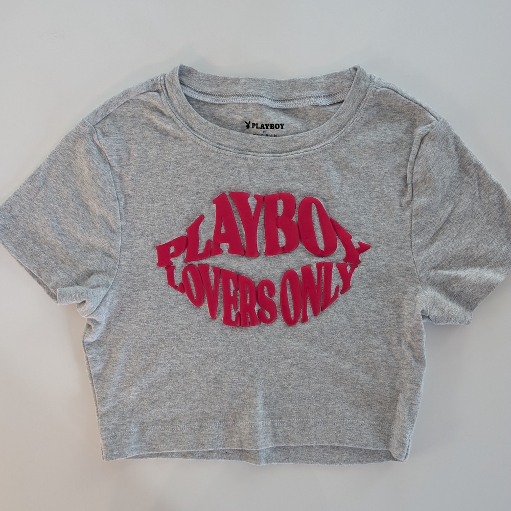 PLAYBOY Woman's Gray Tee with Red Graphic Design